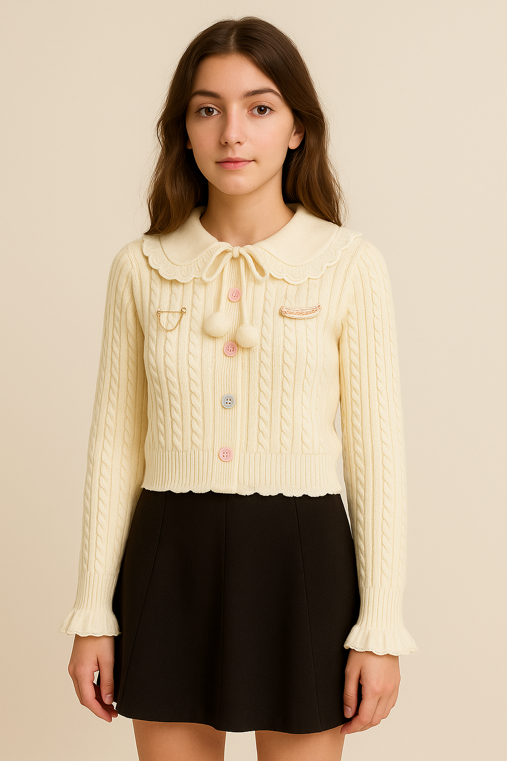 Cardigan femme col rond avec dentelle en maille unie coupe loose mi-saison | Maison Préppy