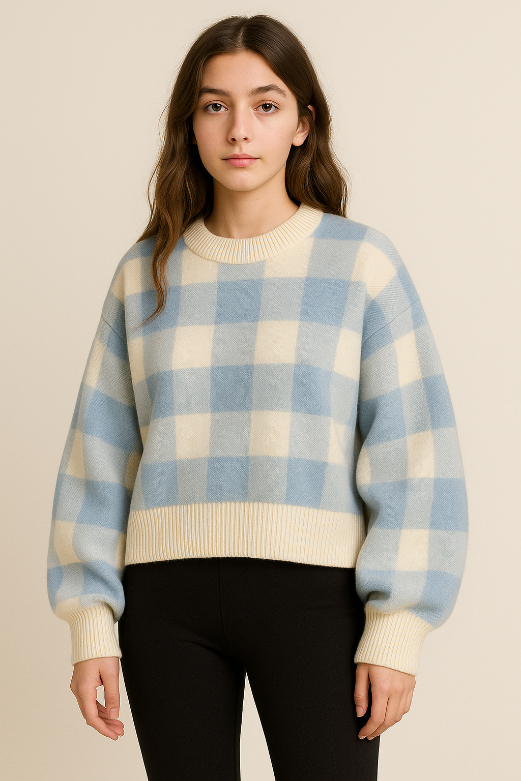 Pull femme à carreaux col rond manches longues coupe ample chic automne | Maison Préppy