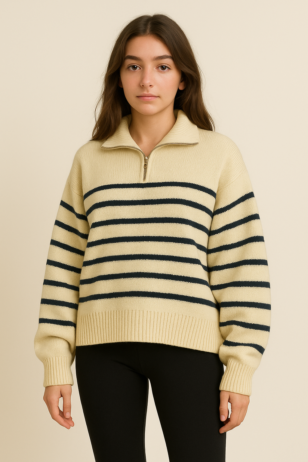 Pull femme rayé col polo zippé en maille couleurs contrastées automne hiver | Maison Préppy