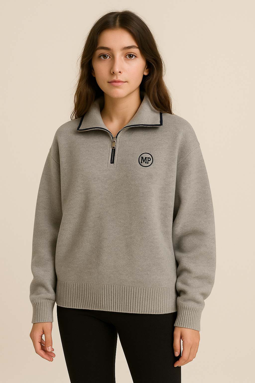 Pull femme col chemise brodé zippé en maille couleurs contrastées automne hiver | Maison Préppy