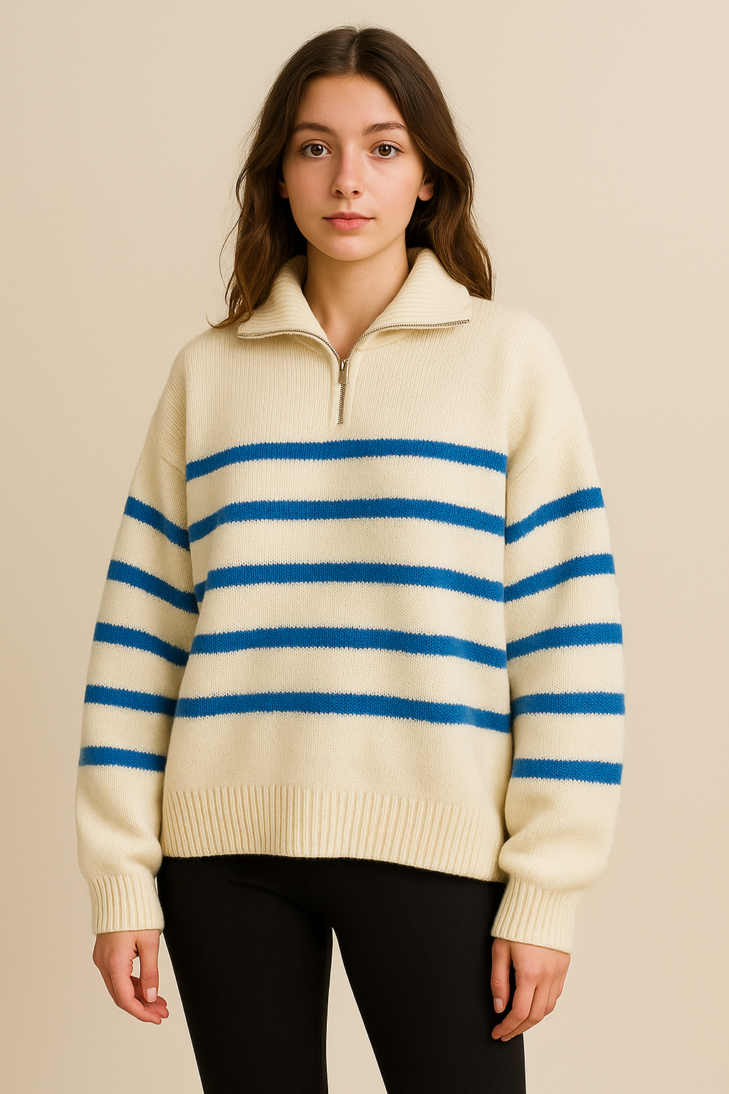 Pull rayé femme col polo zippé coupe loose style preppy automne hiver | Maison Préppy