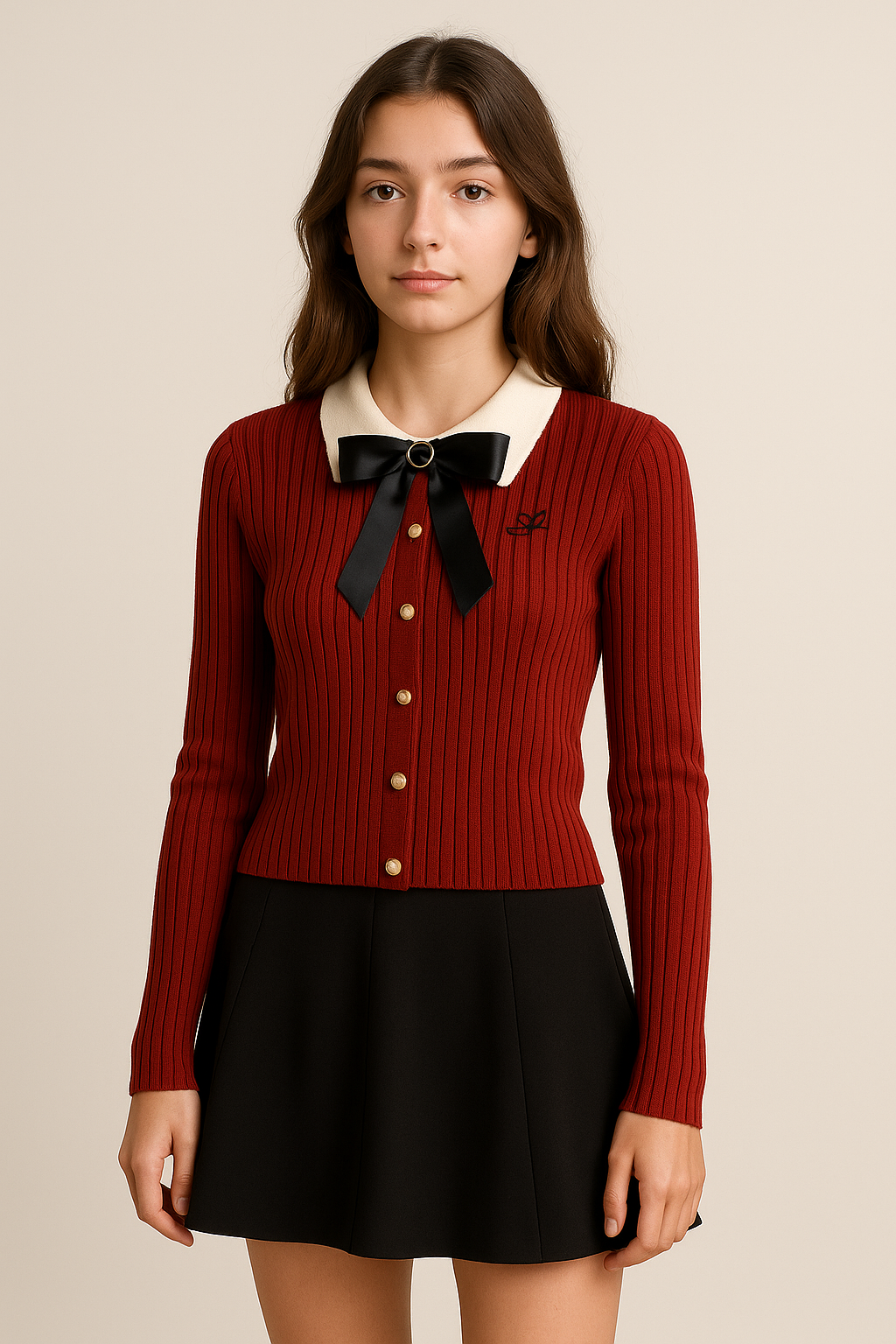 Cardigan femme col Claudine avec nœud en maille unie boutonné style preppy automne hiver | Maison Préppy