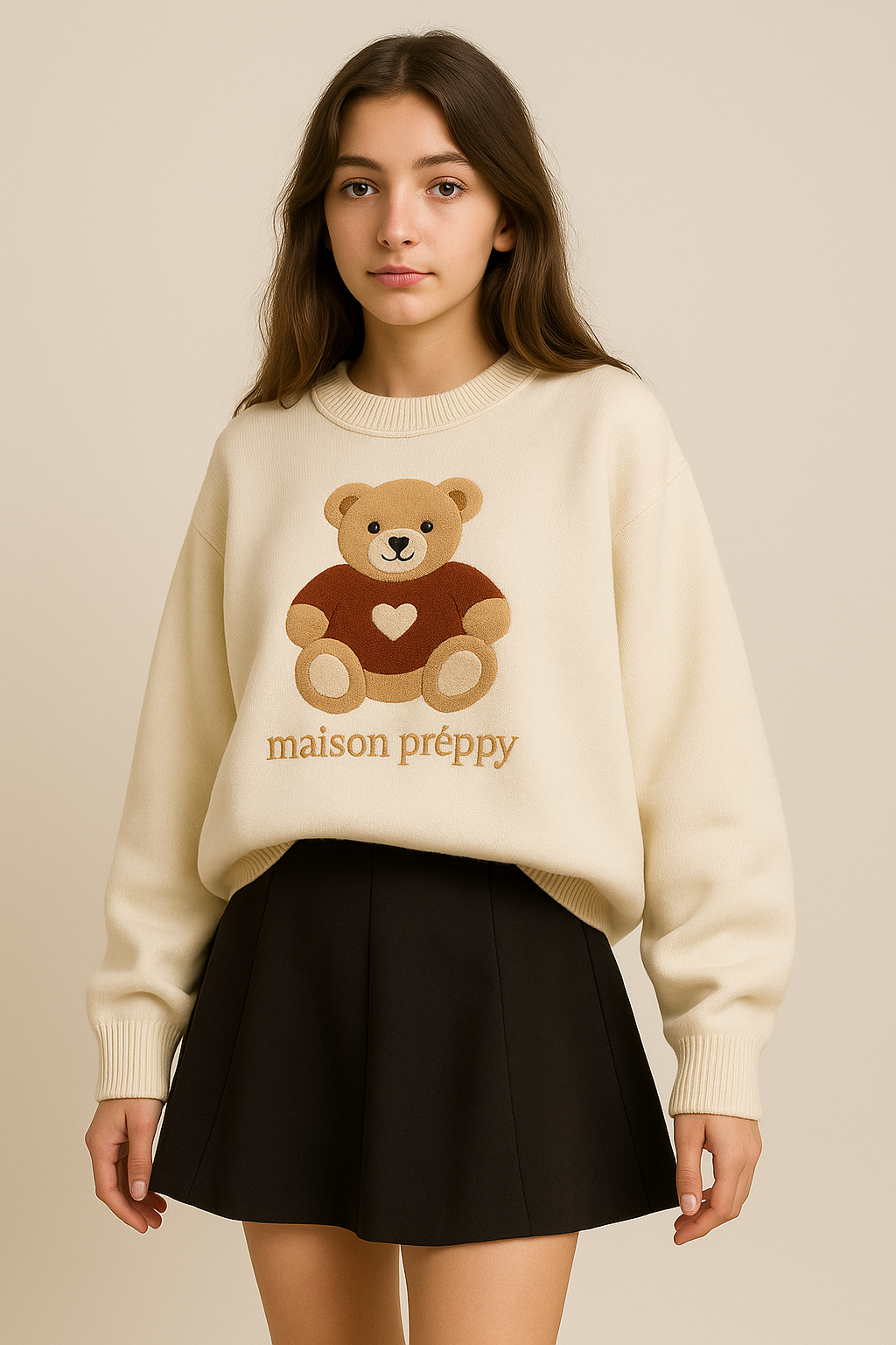 Pull femme motif ourson style vintage brodé col rond coupe loose automne hiver | Maison Préppy