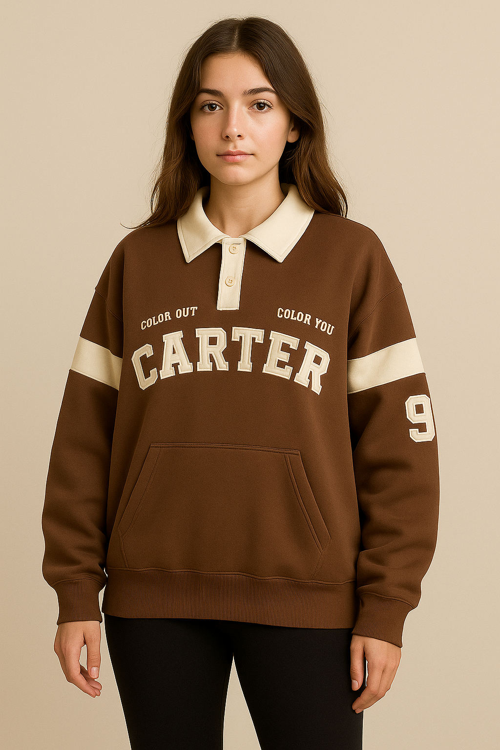 Pull oversize femme col polo imprimé lettres style college rétro mi-saison | Maison Préppy