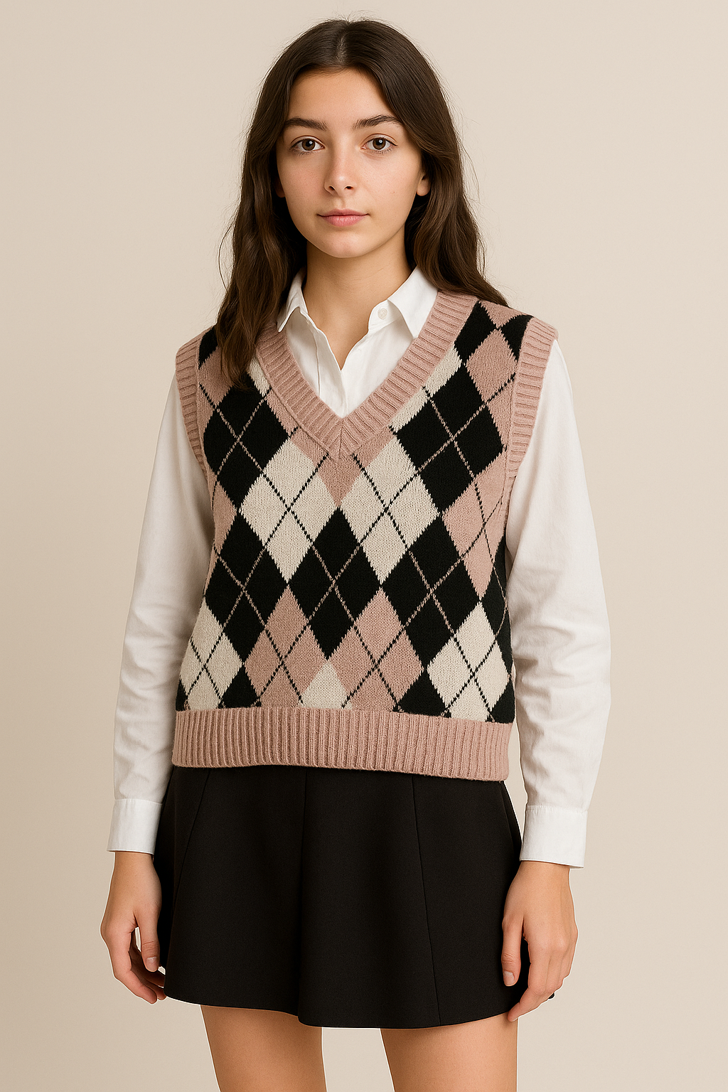 Gilet femme col V en maille à losanges style college coupe loose automne hiver | Maison Préppy
