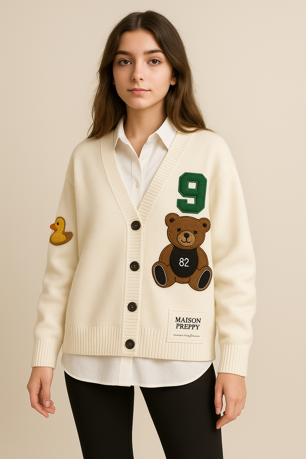 Cardigan femme brodé motif ourson en maille coupe ample style preppy automne hiver | Maison Préppy