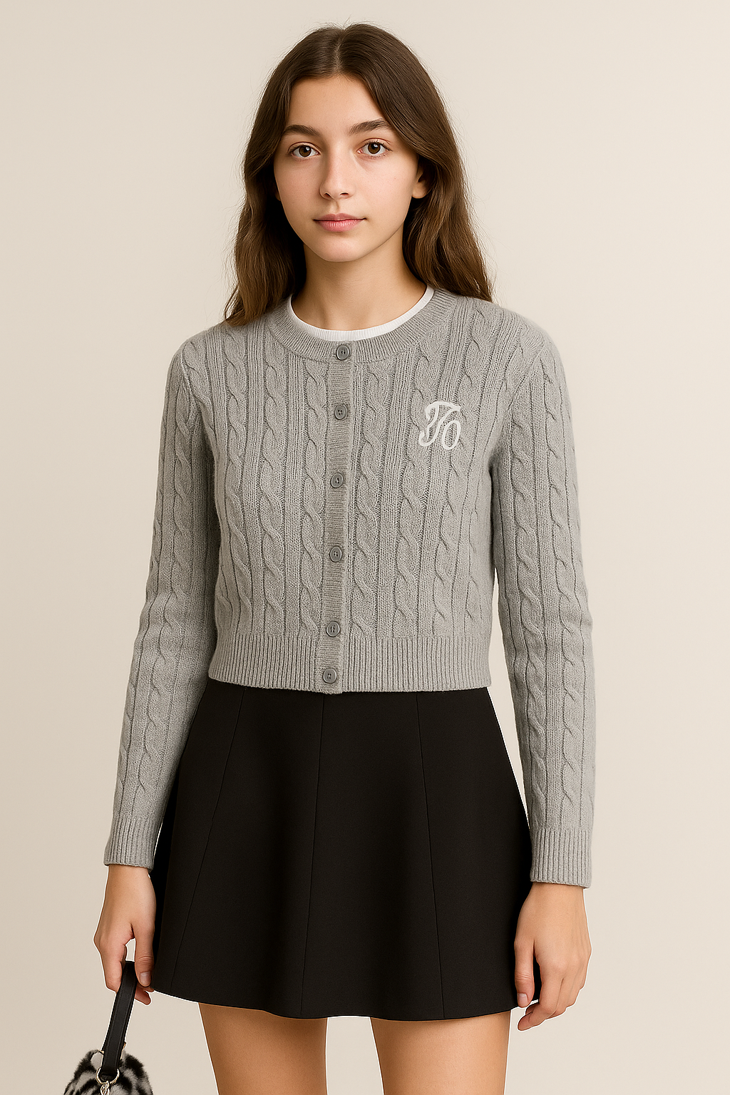Cardigan femme en maille torsadée brodé style classique français uni début d’automne | Maison Préppy
