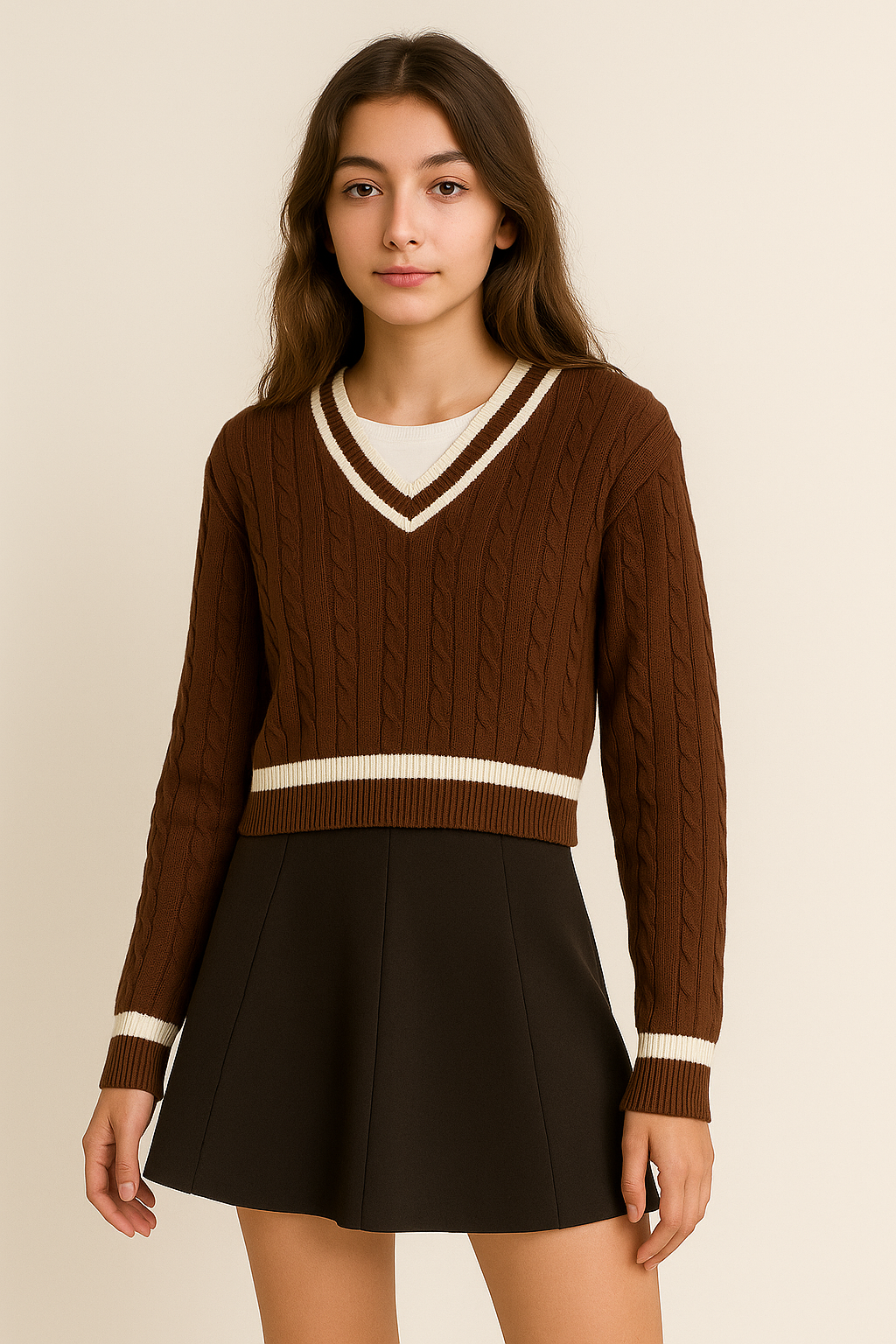 Pull court femme col V manches longues en maille unie automne chic | Maison Préppy