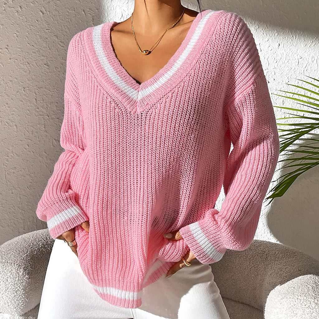 Women Clothing Preppy Women Top Color Contrast Patchwork V neck Long Sleeve Woven Sweater Casual Bottoming Shirt