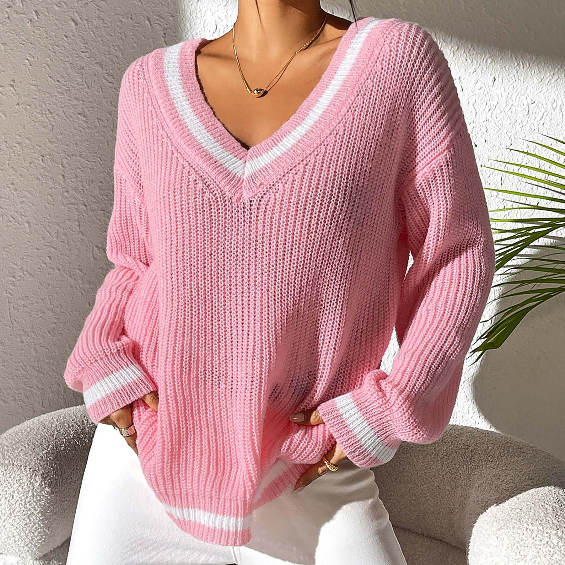 Women Clothing Preppy Women Top Color Contrast Patchwork V neck Long Sleeve Woven Sweater Casual Bottoming Shirt