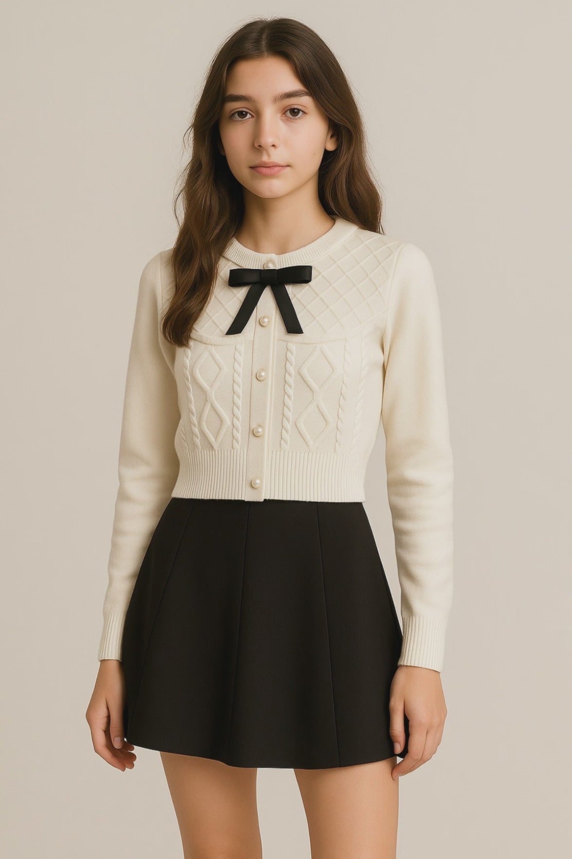 Pull femme col rond avec nœud et losanges style français ajusté automne hiver | Maison Préppy