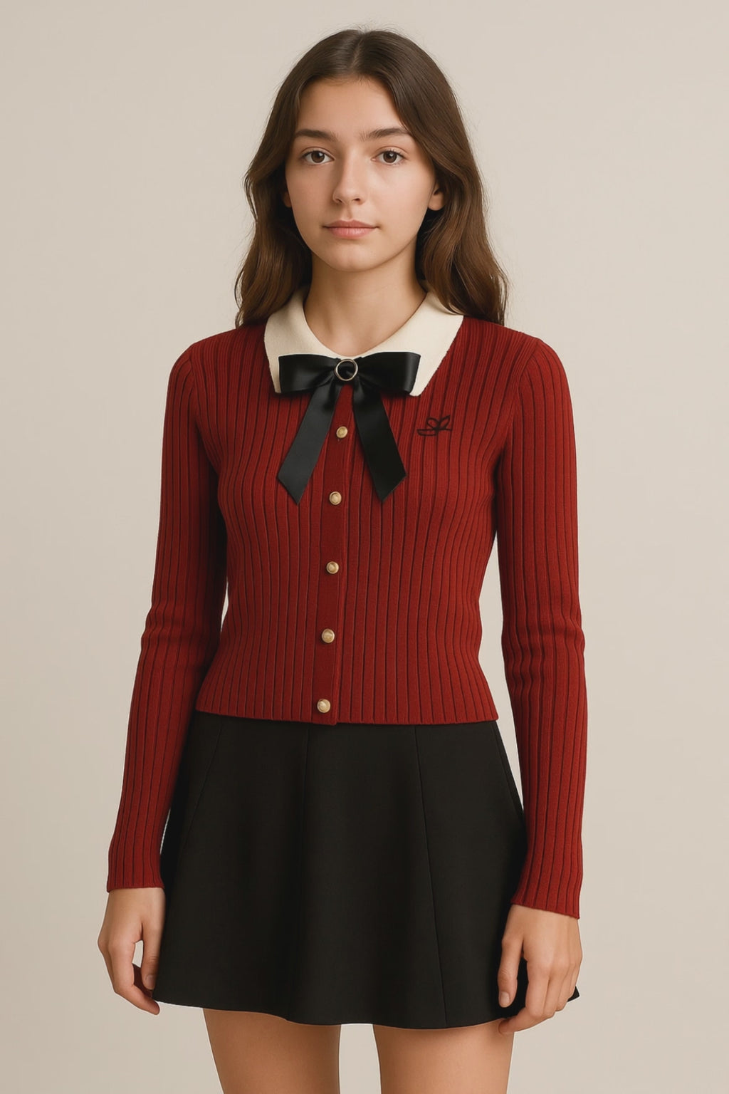 Cardigan femme col Claudine avec nœud en maille unie boutonné style preppy automne hiver | Maison Préppy