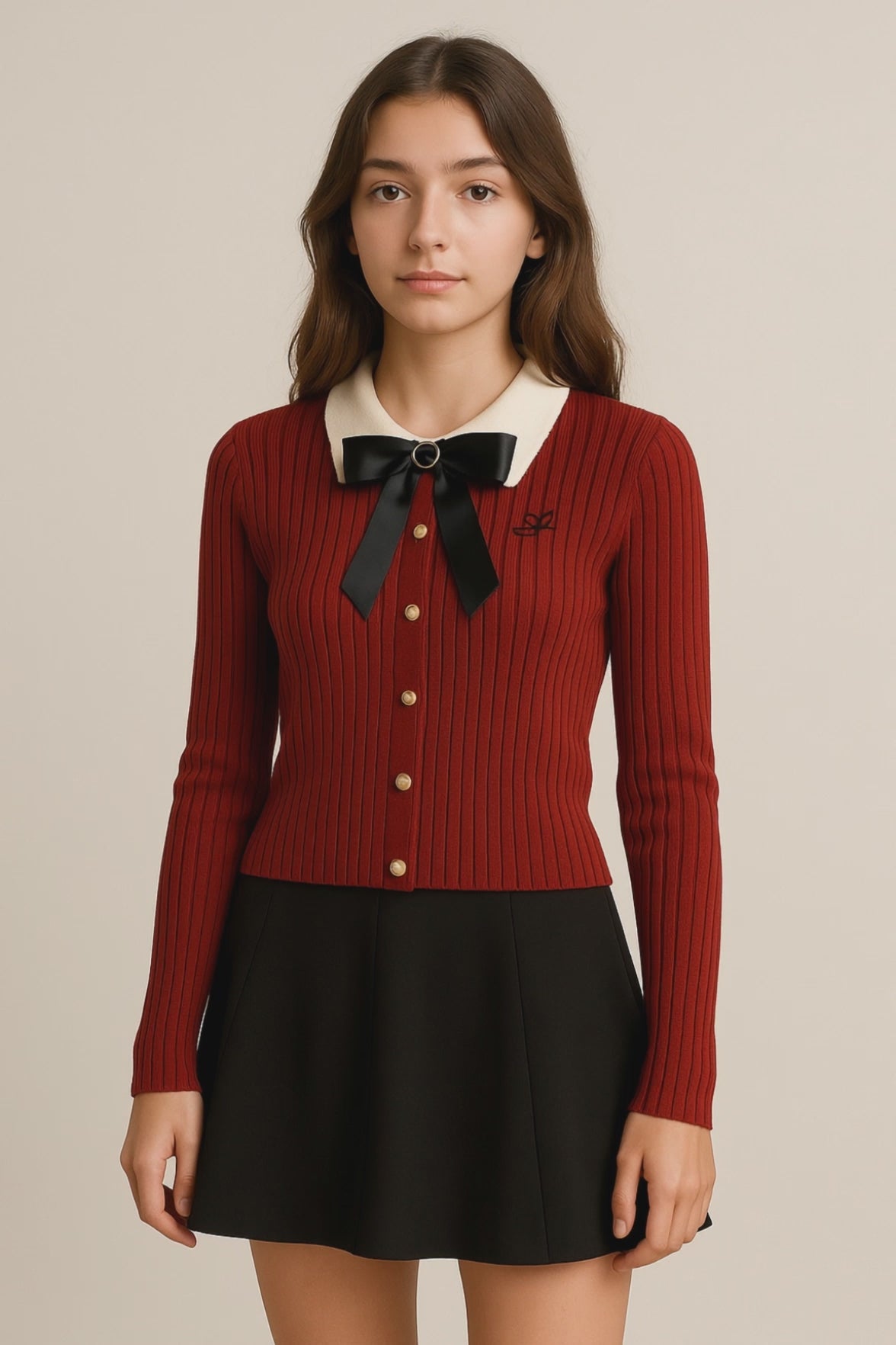 Cardigan femme col Claudine avec nœud en maille unie boutonné style preppy automne hiver | Maison Préppy