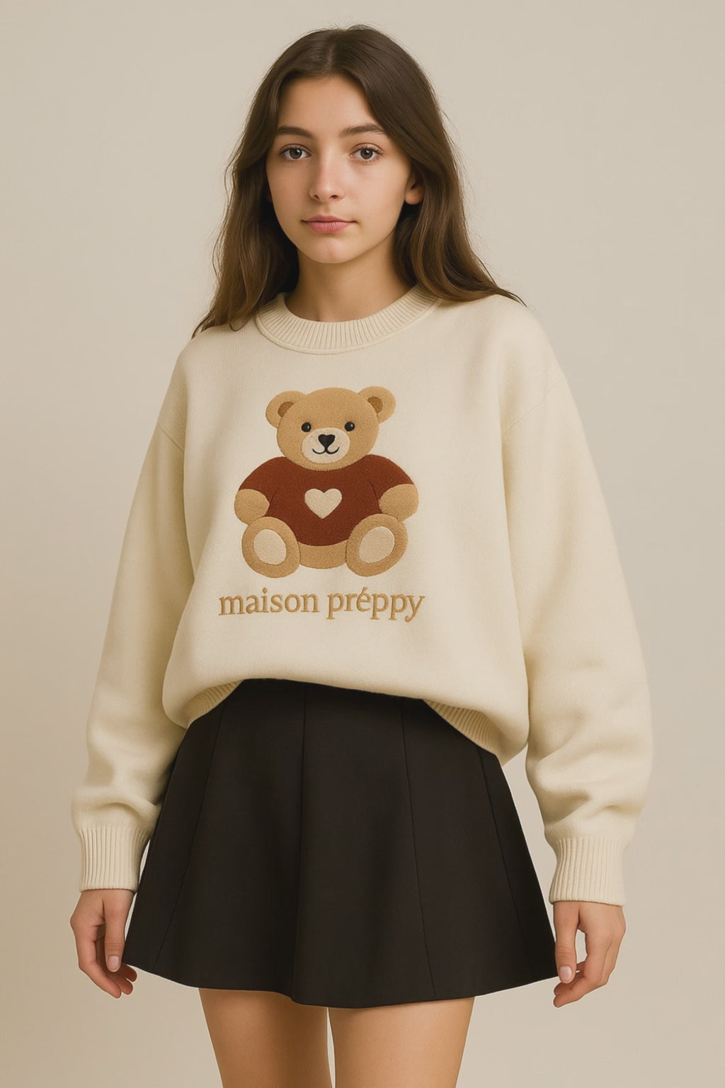 Pull femme motif ourson style vintage brodé col rond coupe loose automne hiver | Maison Préppy